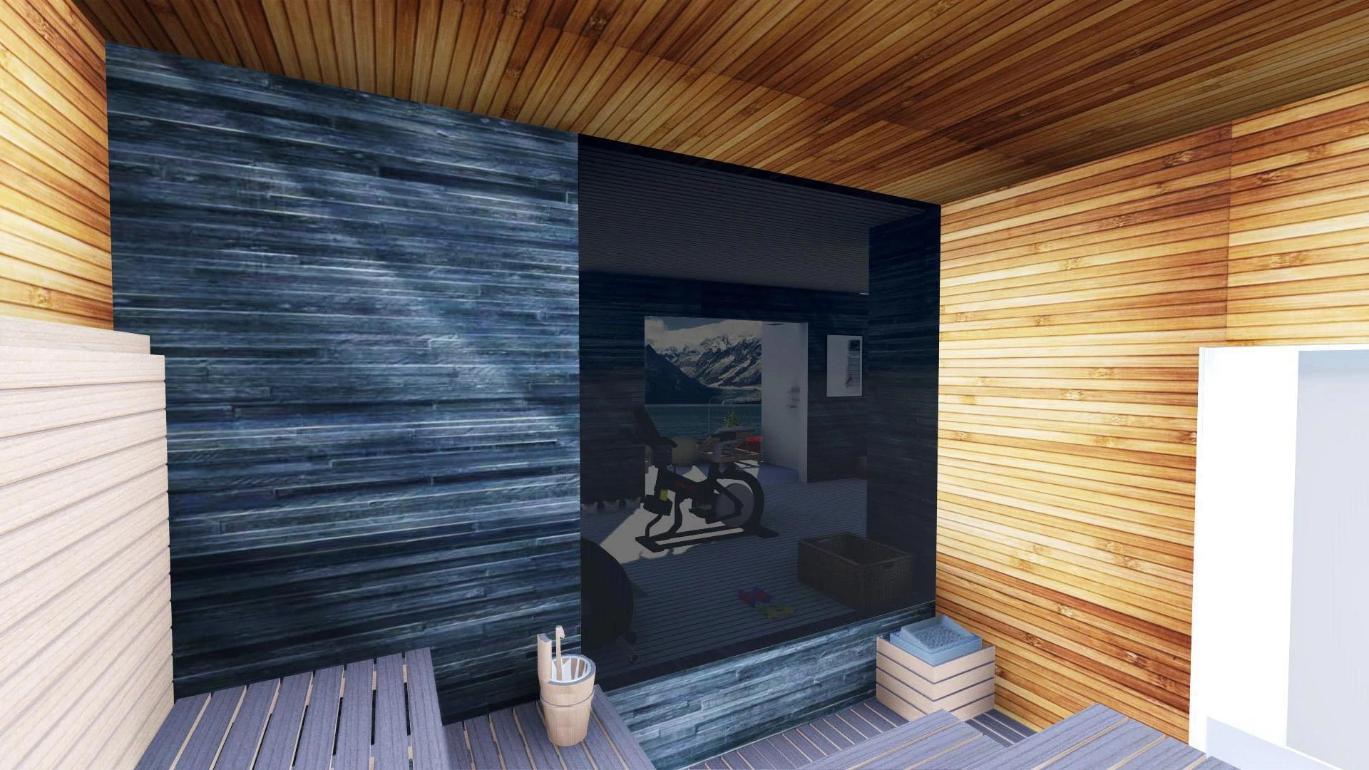 a room with a large screen aboard CAPE HAWK 690 Yacht for Sale