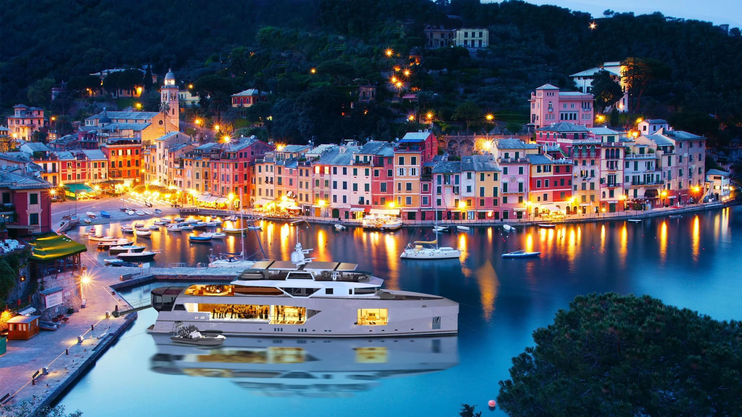 a city with boats in the water aboard CAPE HAWK 690 Yacht for Sale