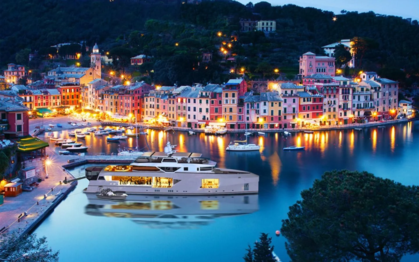 a city with a river and boats aboard CAPE HAWK 690 Yacht for Sale