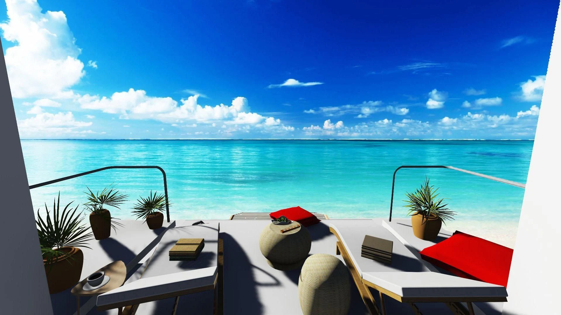 a table with chairs and plants on it by a body of water aboard CAPE HAWK 690 Yacht for Sale