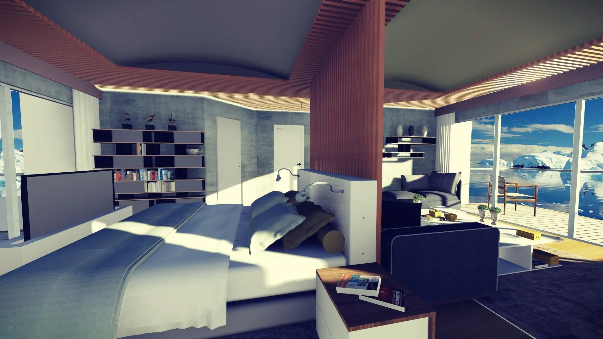 a room with a bed and a desk aboard CAPE HAWK 690 Yacht for Sale