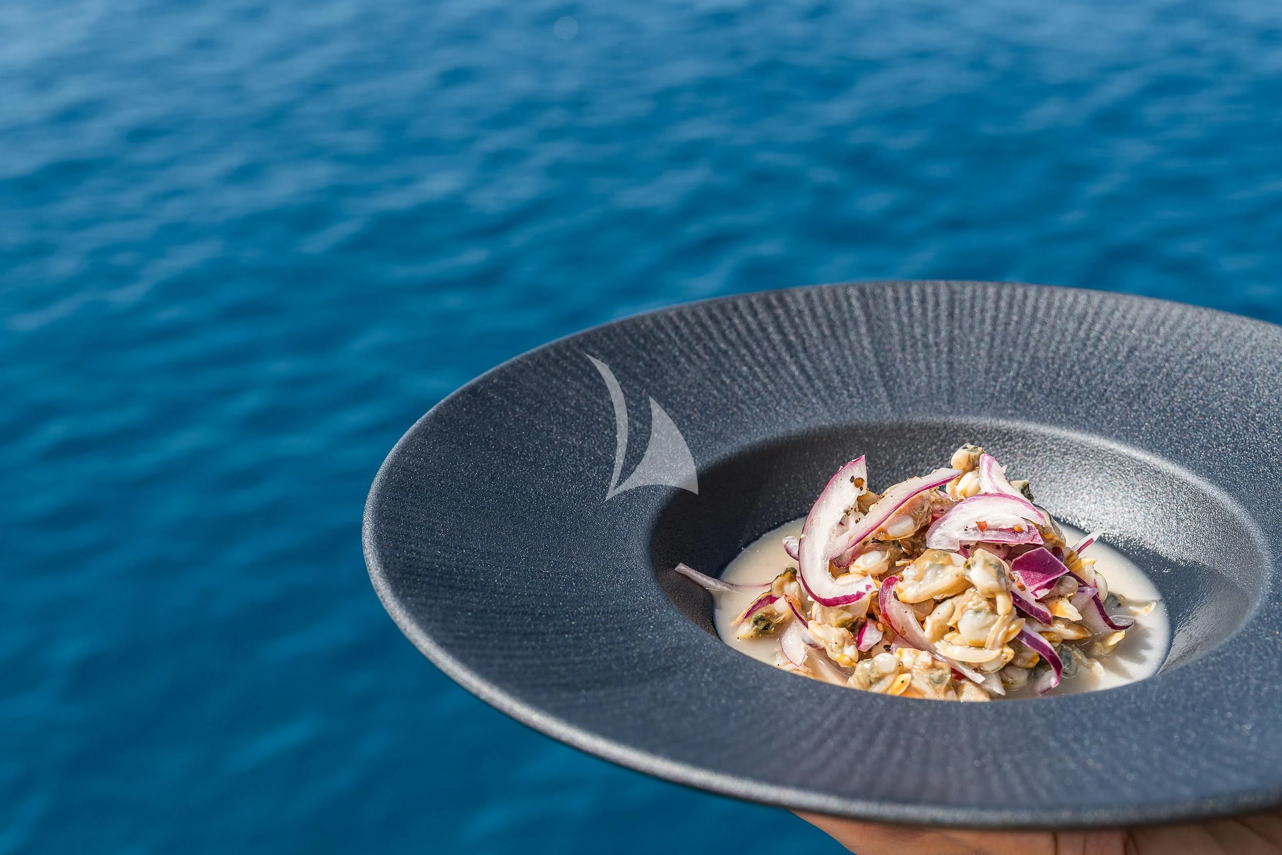 a bowl of food on a blue surface aboard B4 Yacht for Charter