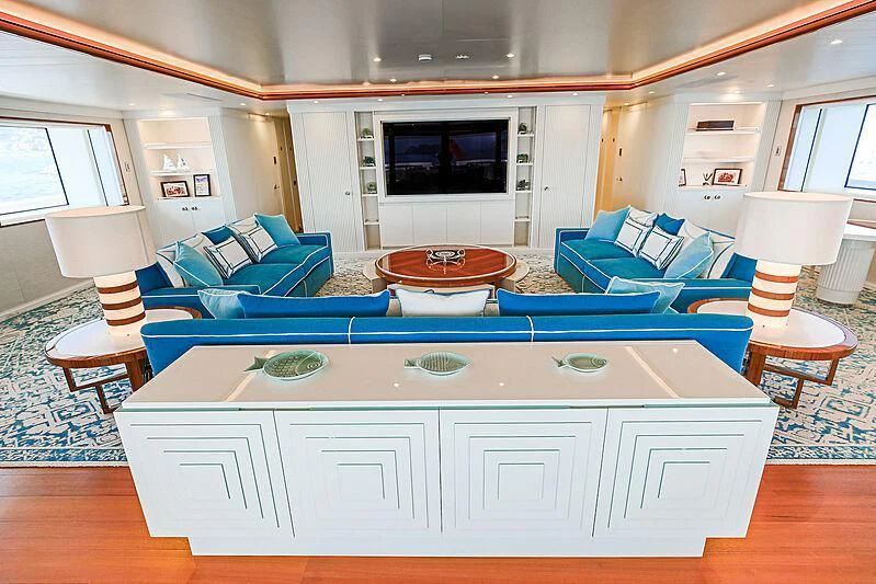 a living room with a pool table aboard MIMTEE Yacht for Sale