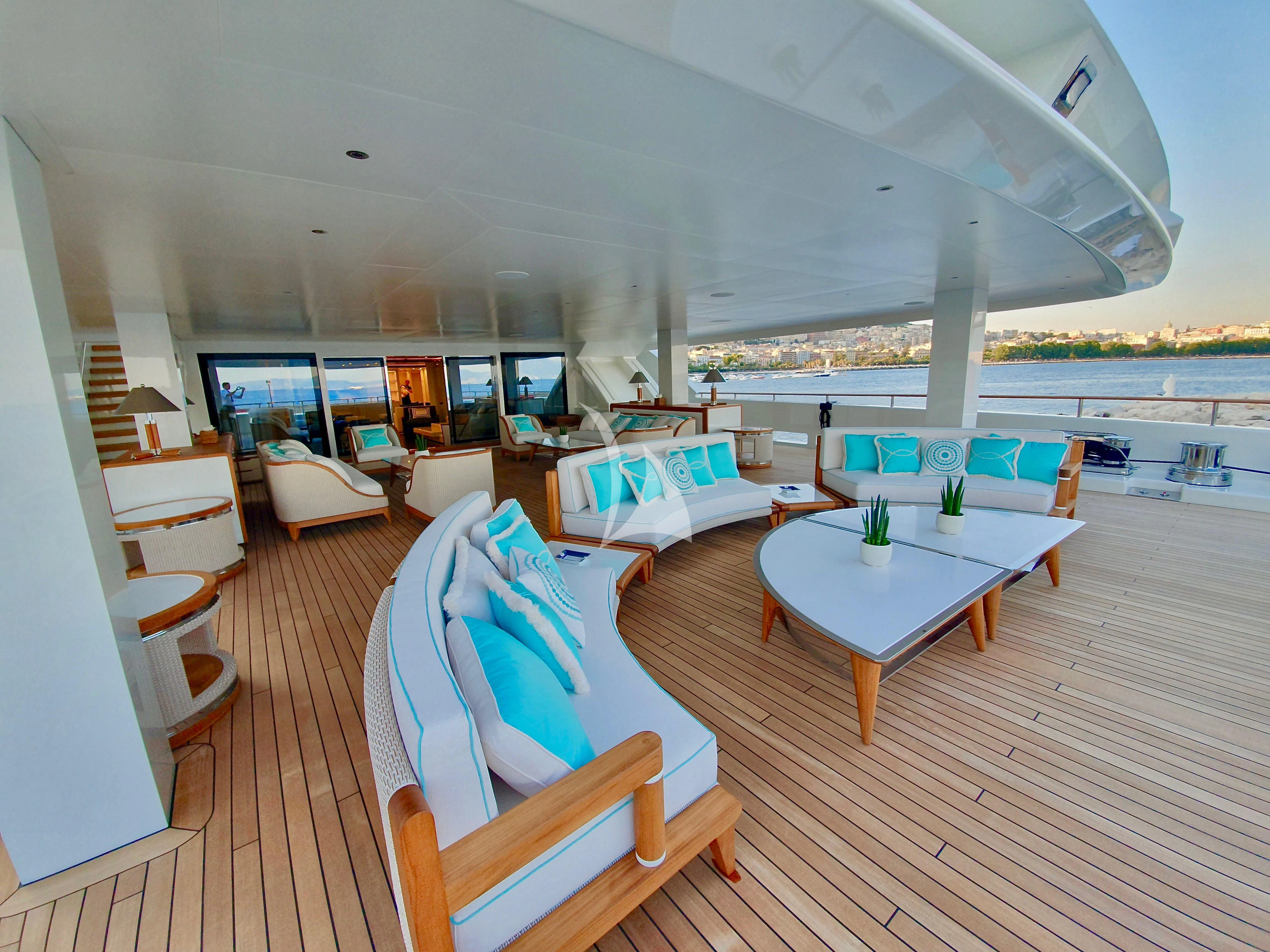a room with a table chairs and a large window aboard MIMTEE Yacht for Sale
