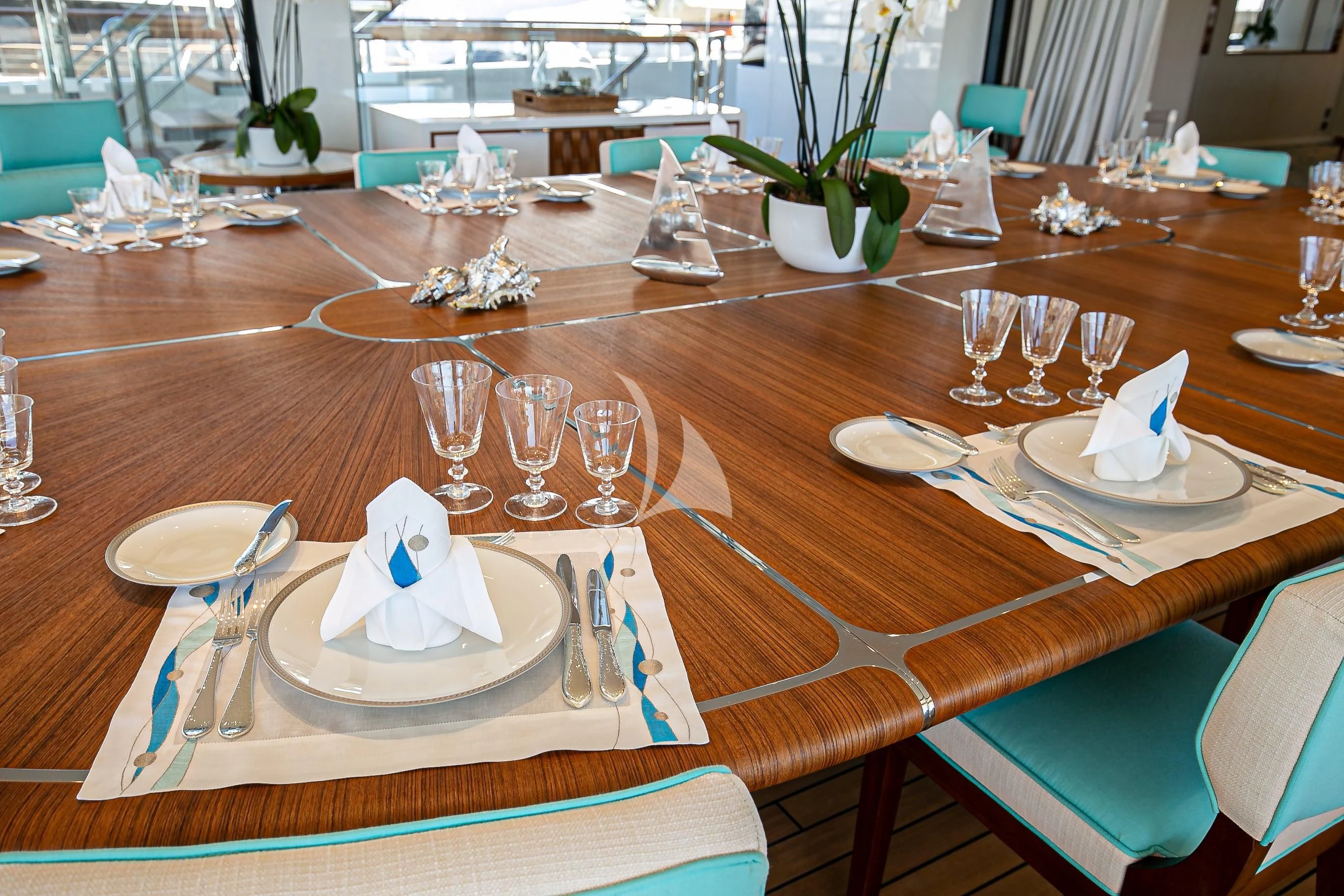 a table with place settings aboard MIMTEE Yacht for Sale