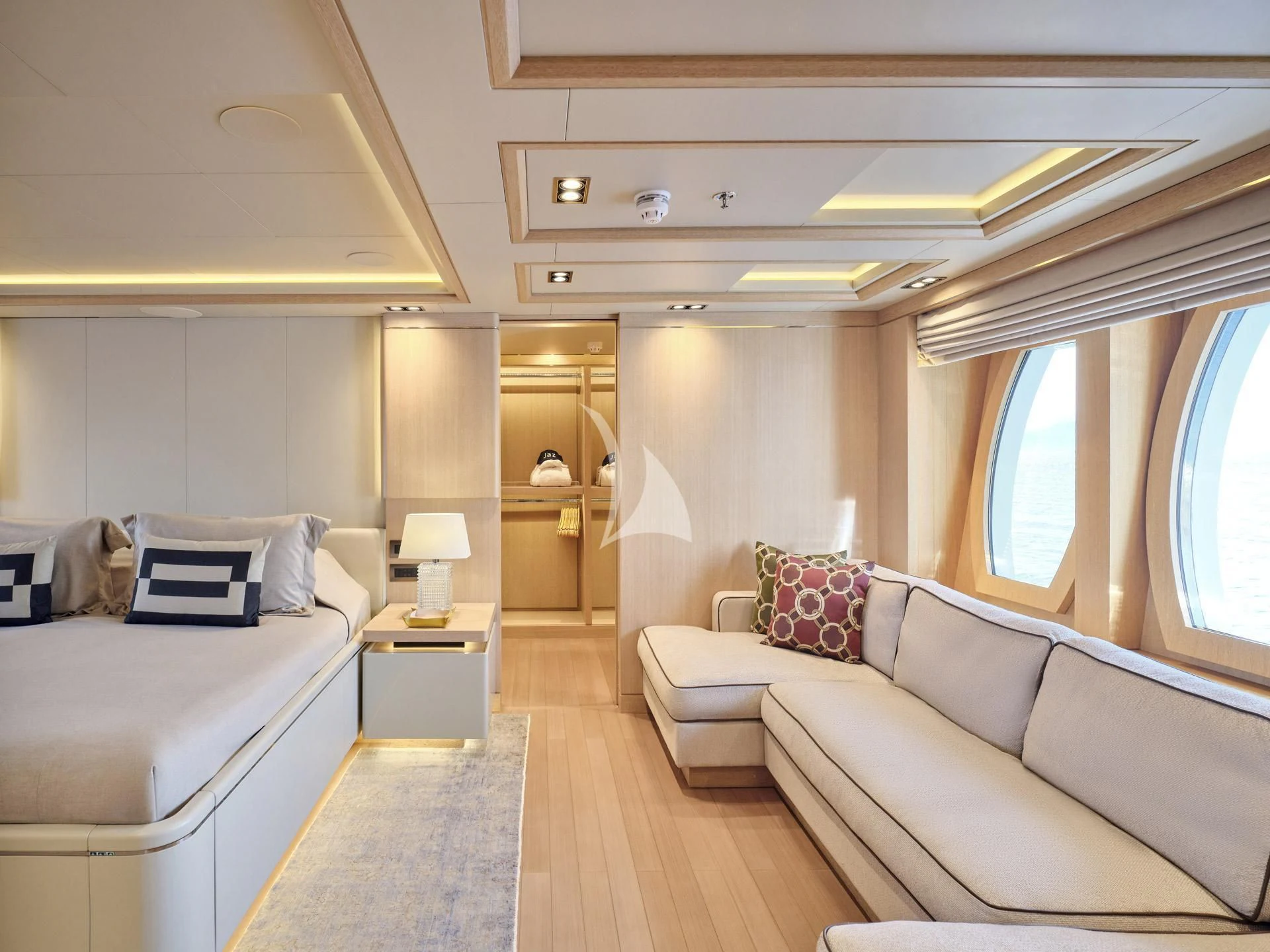 a room with two beds aboard JAZ Yacht for Charter
