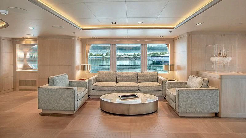 a living room with a large window aboard JAZ Yacht for Charter