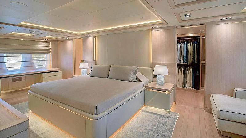 a large bed in a room aboard JAZ Yacht for Charter