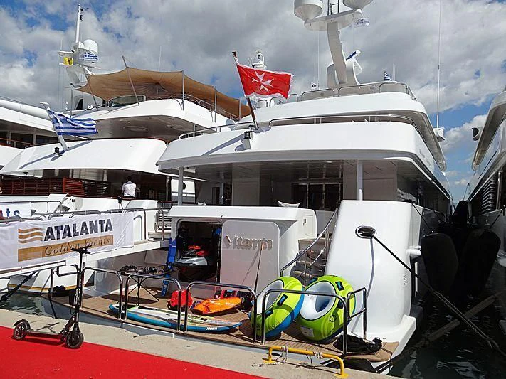 a boat docked at a pier aboard JAZ Yacht for Charter