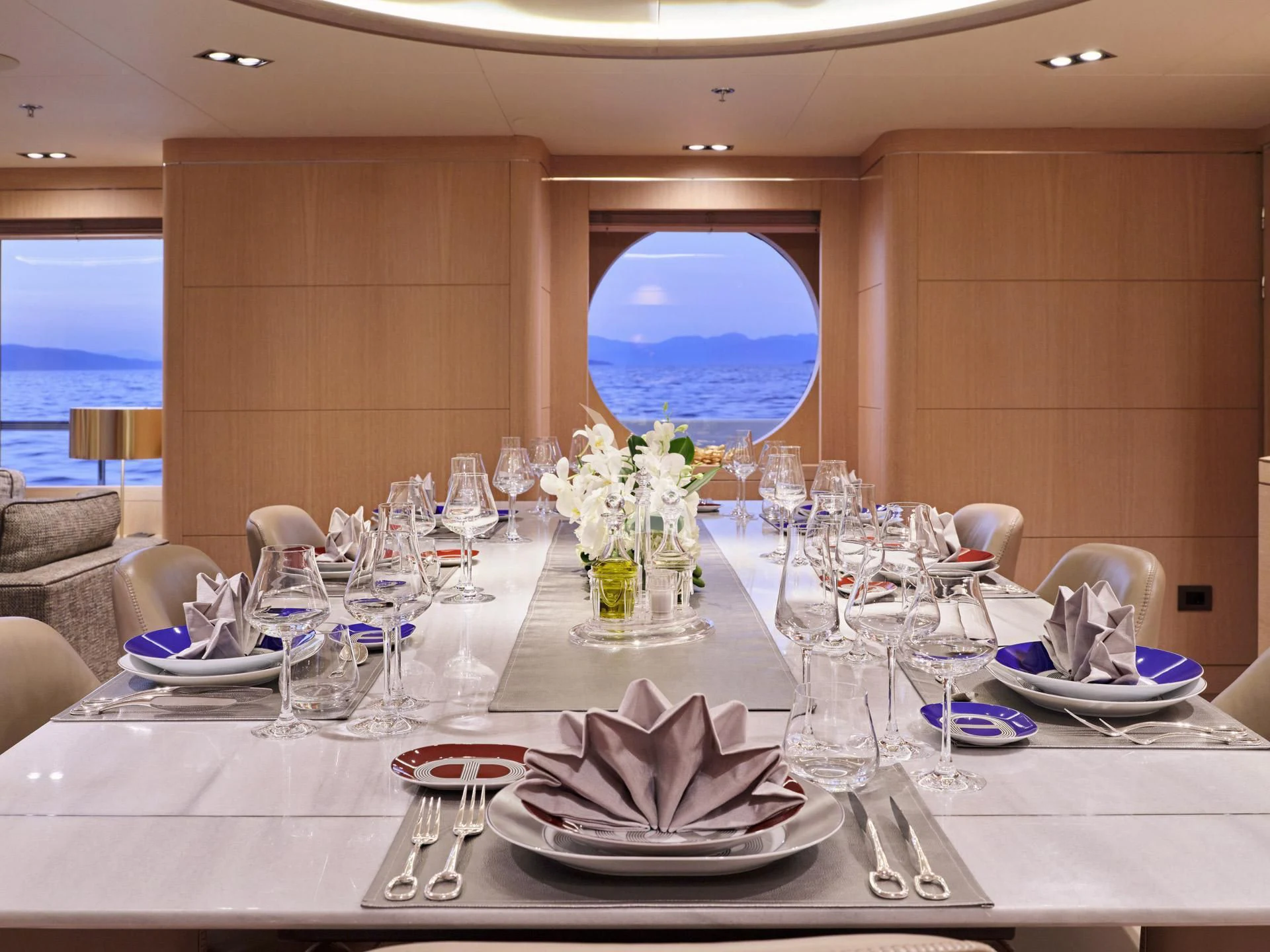 a table set for a dinner aboard JAZ Yacht for Charter