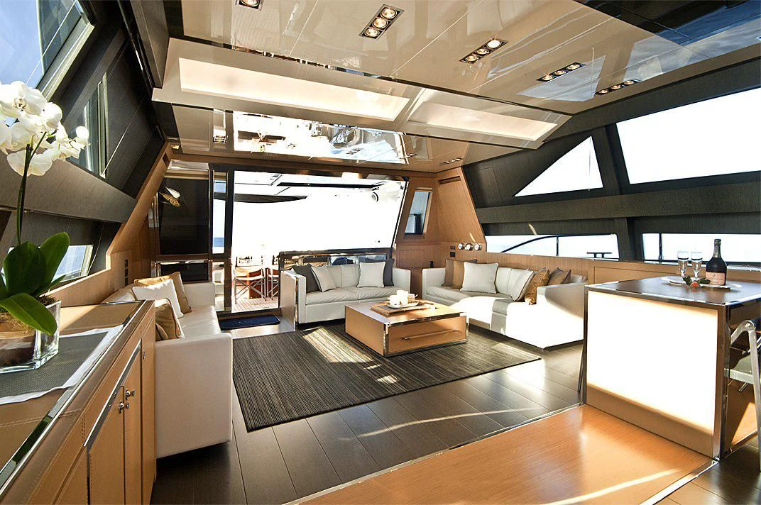 a modern looking living room aboard WHATEVER Yacht for Sale