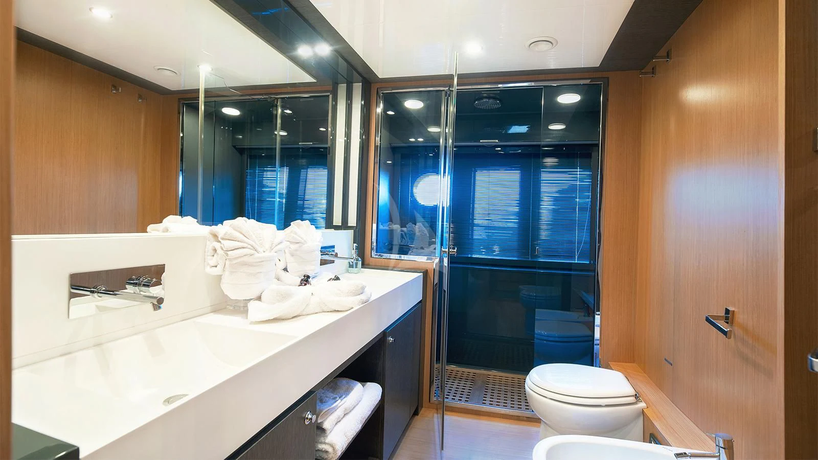 a bathroom with a large mirror aboard WHATEVER Yacht for Sale