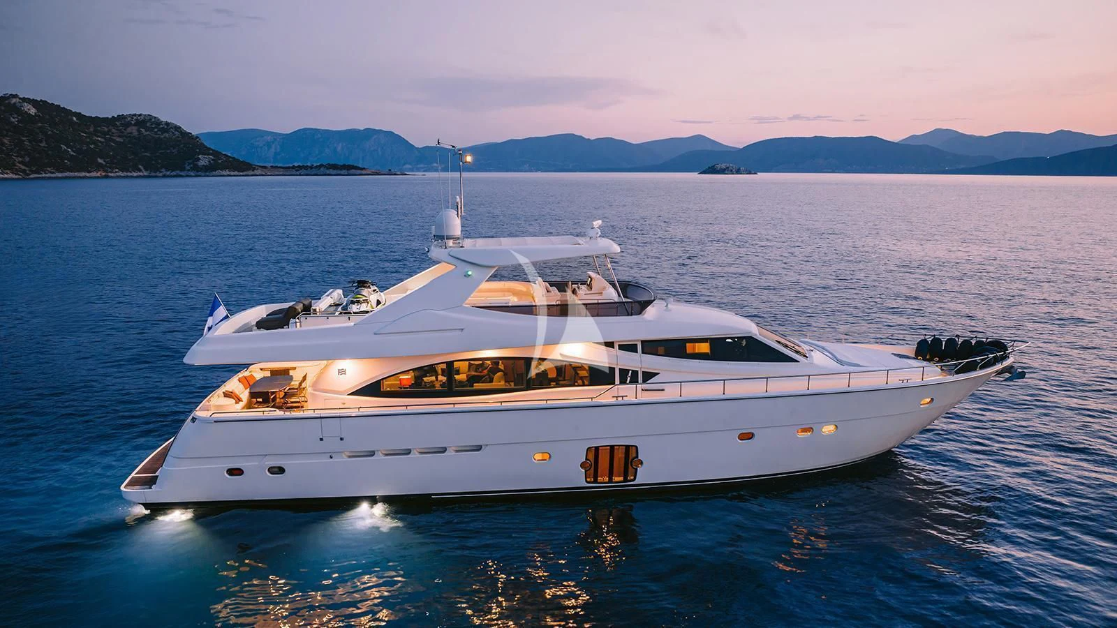 a white yacht in the water aboard MAYBE NOT Yacht for Sale