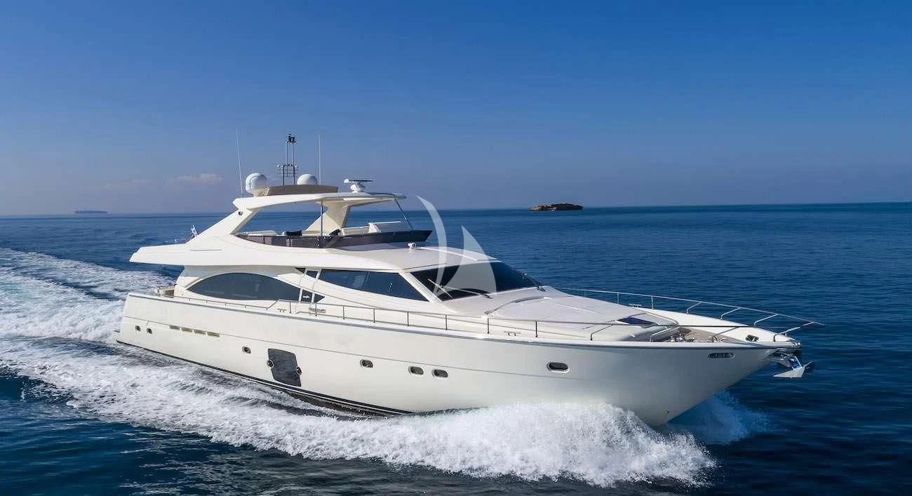 a white yacht on the water aboard MAYBE NOT Yacht for Sale