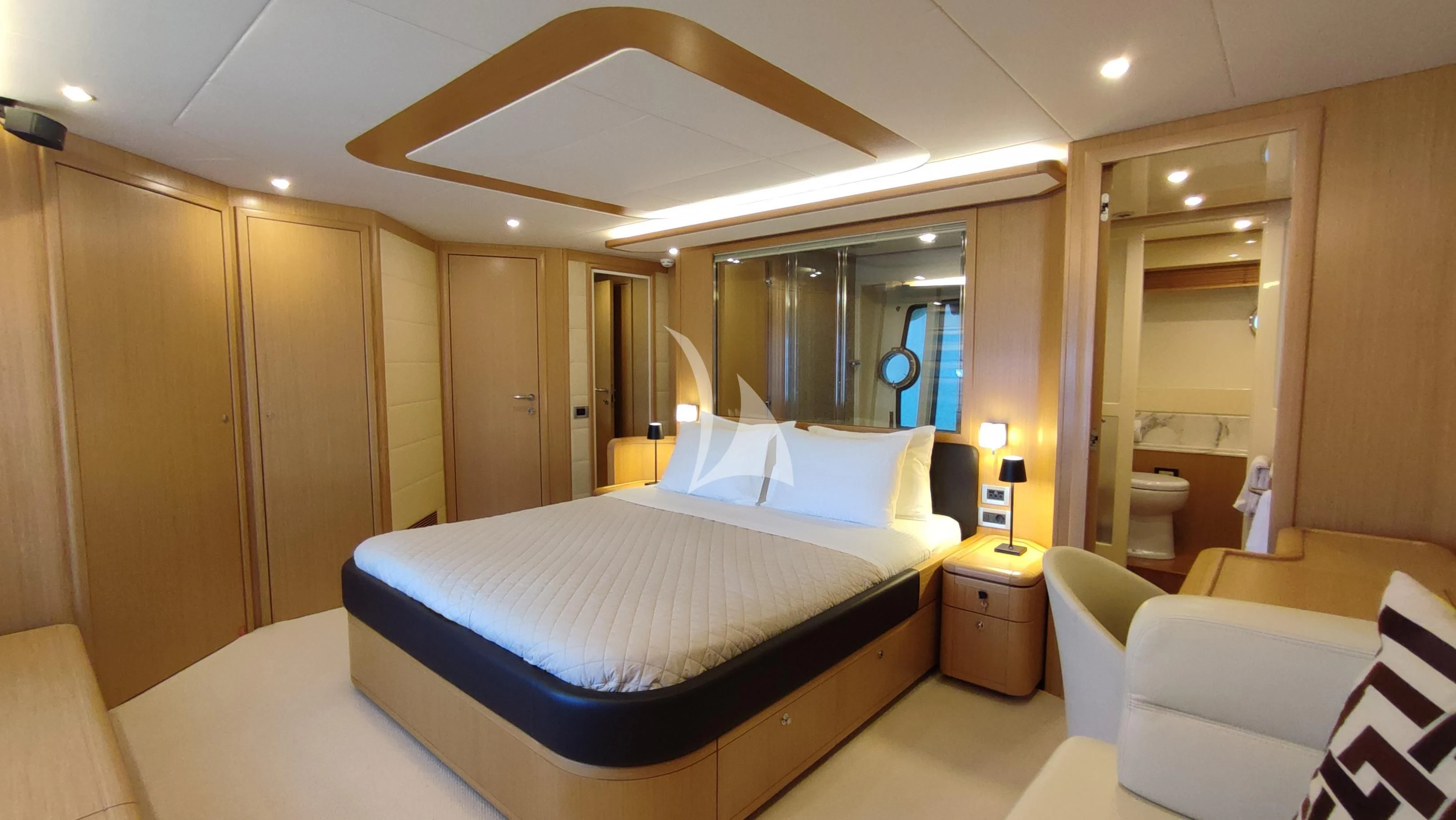a hotel room with a bed aboard MAYBE NOT Yacht for Sale