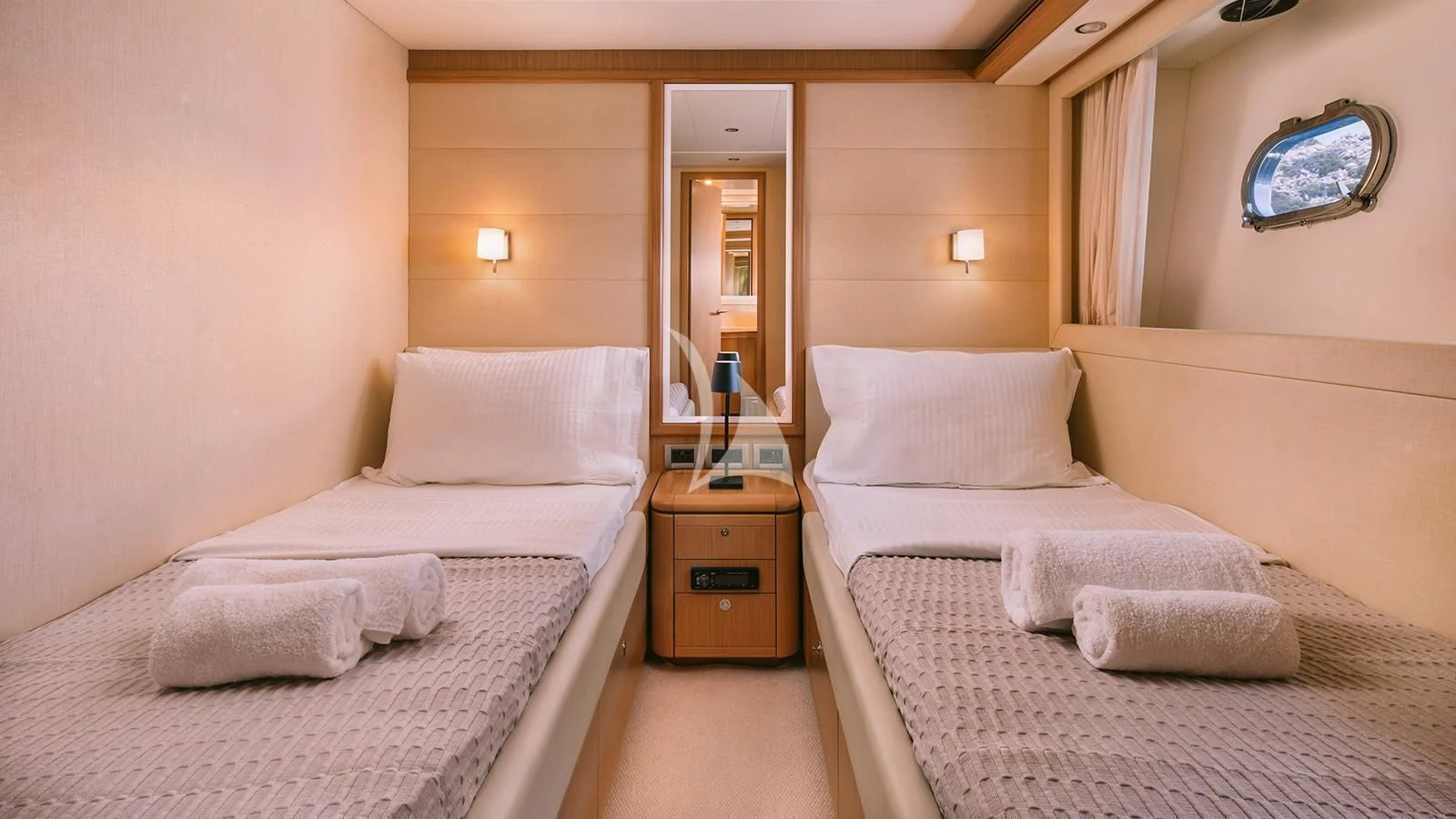 a room with two beds aboard MAYBE NOT Yacht for Sale