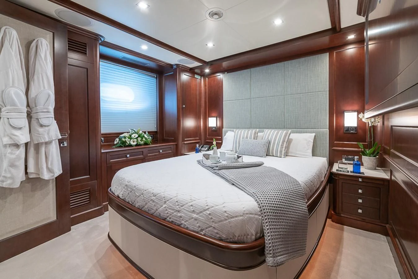 a bed in a room aboard ELENA NUEVE Yacht for Charter