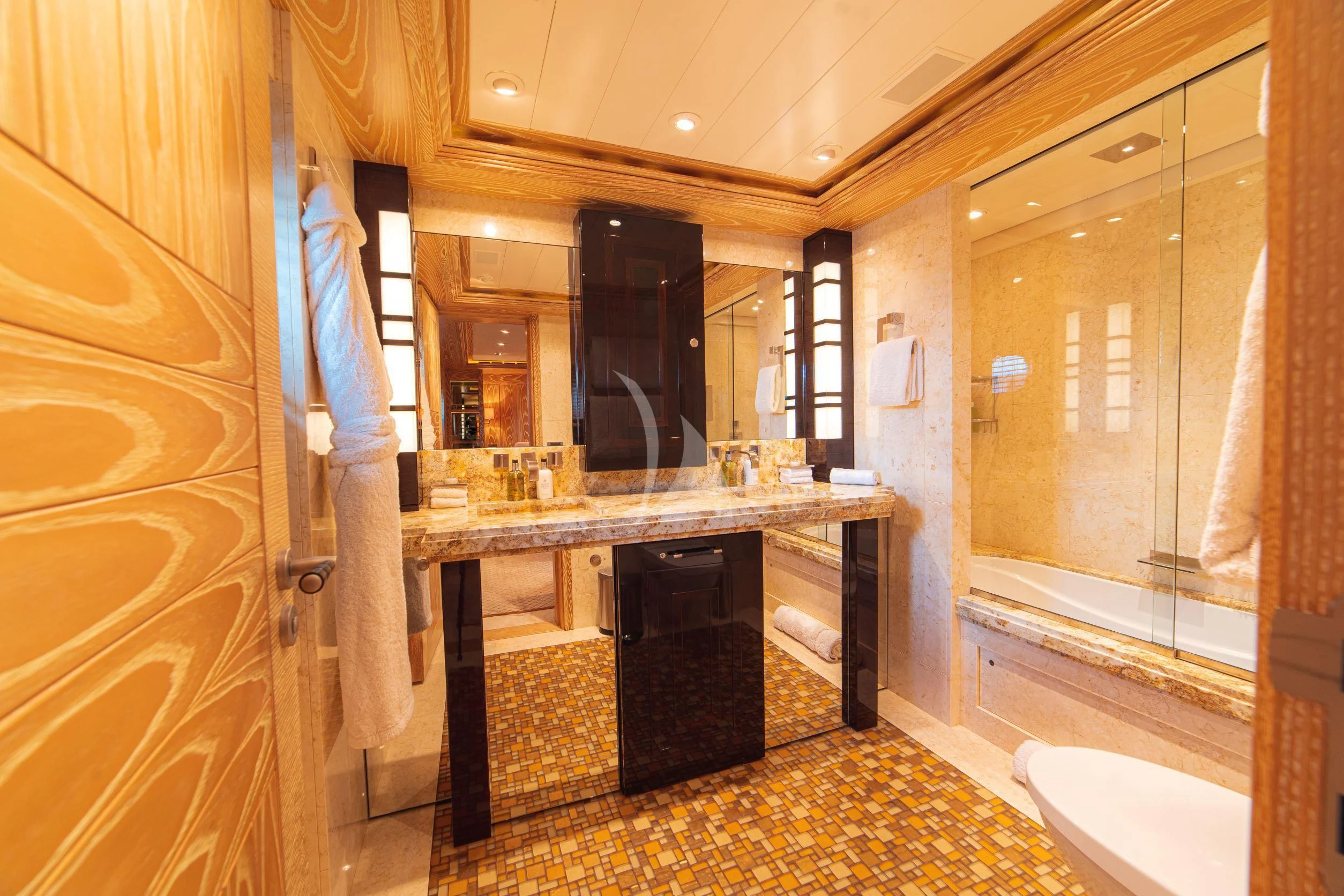 a bathroom with a countertop sink aboard TRIDENT Yacht for Charter