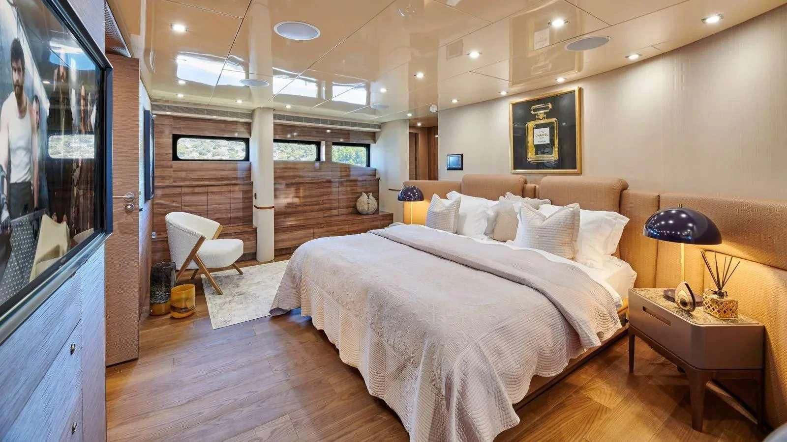 a large bed in a room aboard PROMETHEUS I Yacht for Charter