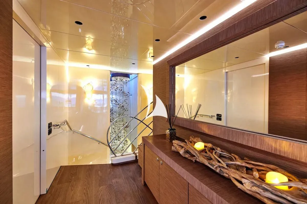 a bathroom with a large mirror aboard PROMETHEUS I Yacht for Charter
