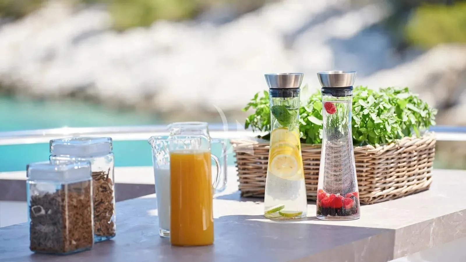 a table with drinks and fruits aboard PROMETHEUS I Yacht for Charter