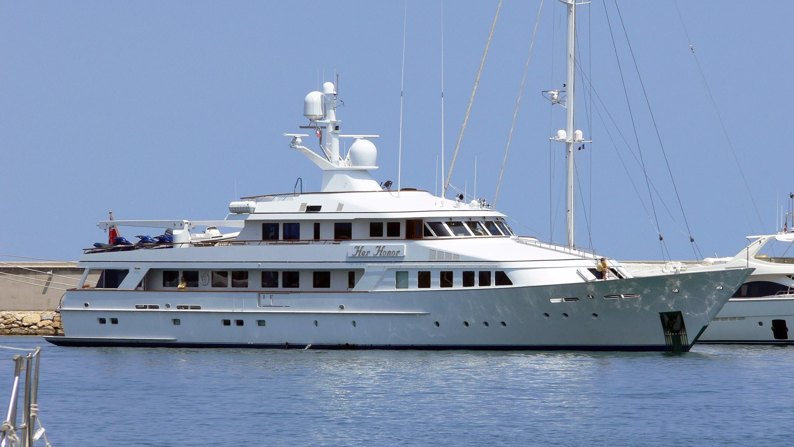 a large white boat aboard POLYAIGOS Yacht for Sale