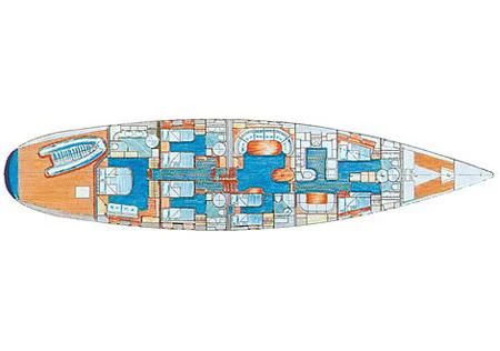 a blue and red building aboard SCARENA Yacht for Charter