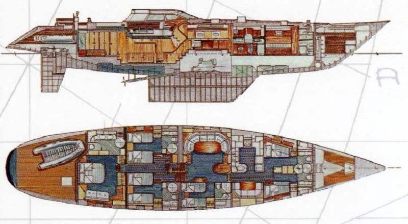 a drawing of a building aboard SCARENA Yacht for Charter