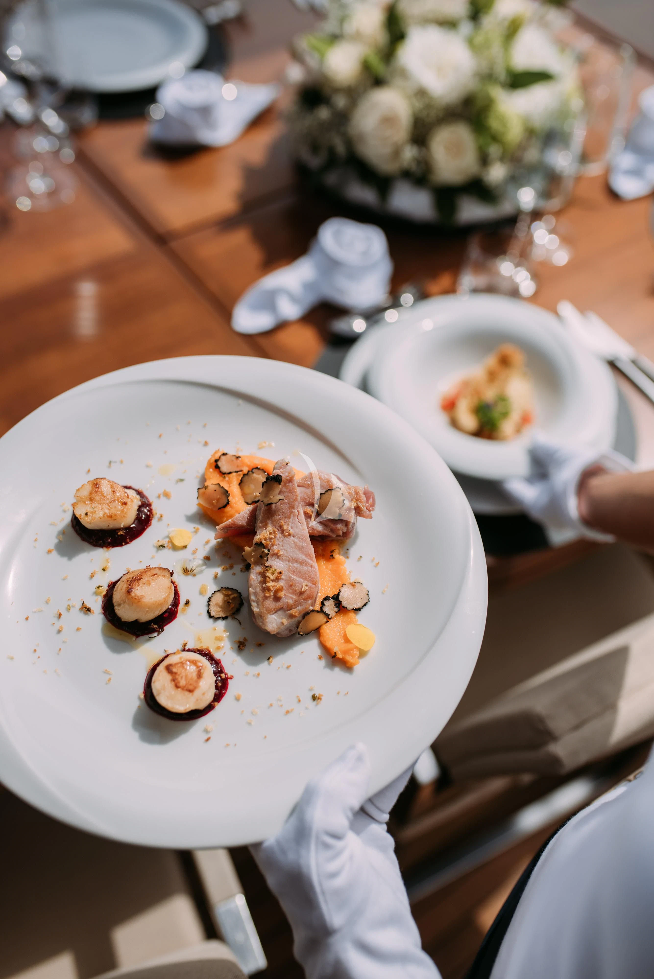 a plate of food aboard ARTEMY Yacht for Sale