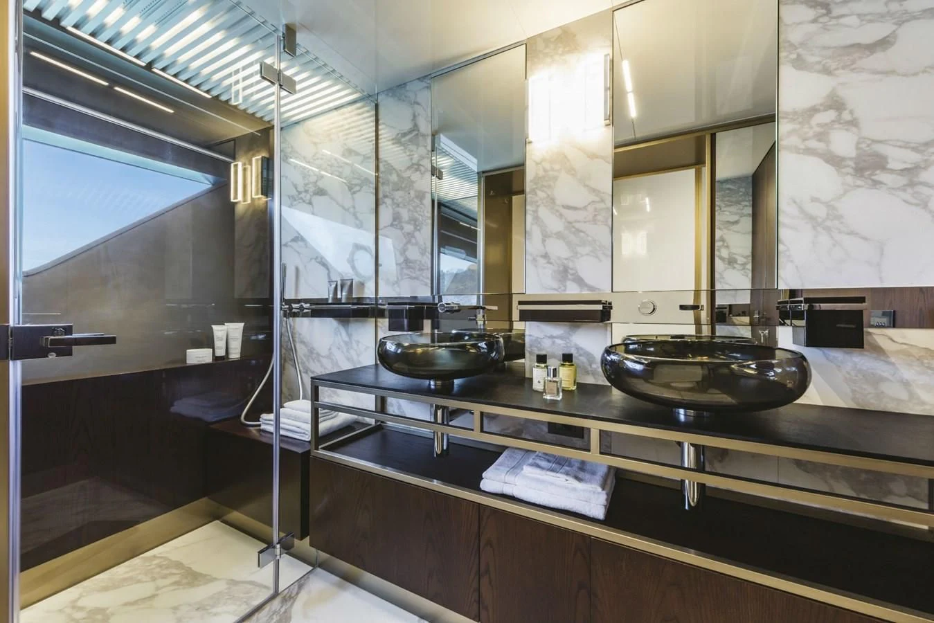 a kitchen with a sink and a mirror aboard FERRETTI YACHTS 850 Yacht for Sale