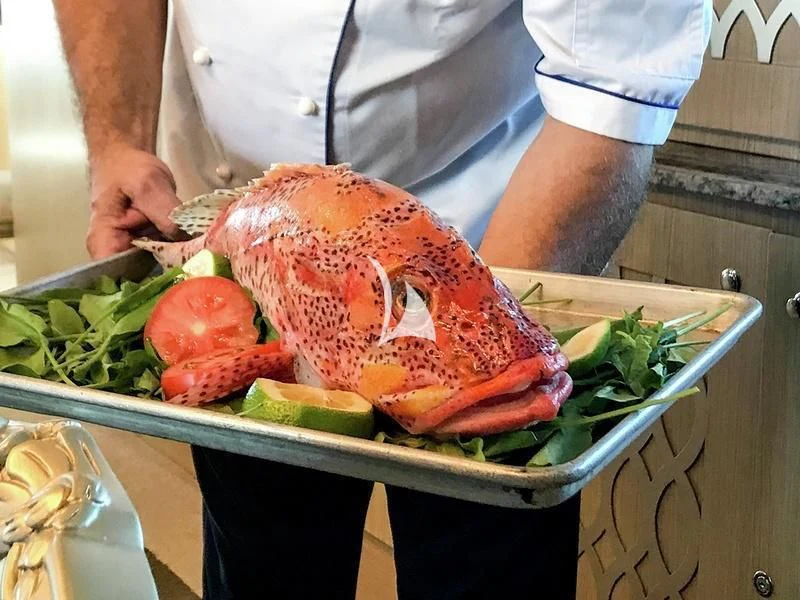 a person holding a large piece of meat on a tray of vegetables aboard GALAPAGOS EXPLORER Yacht for Sale