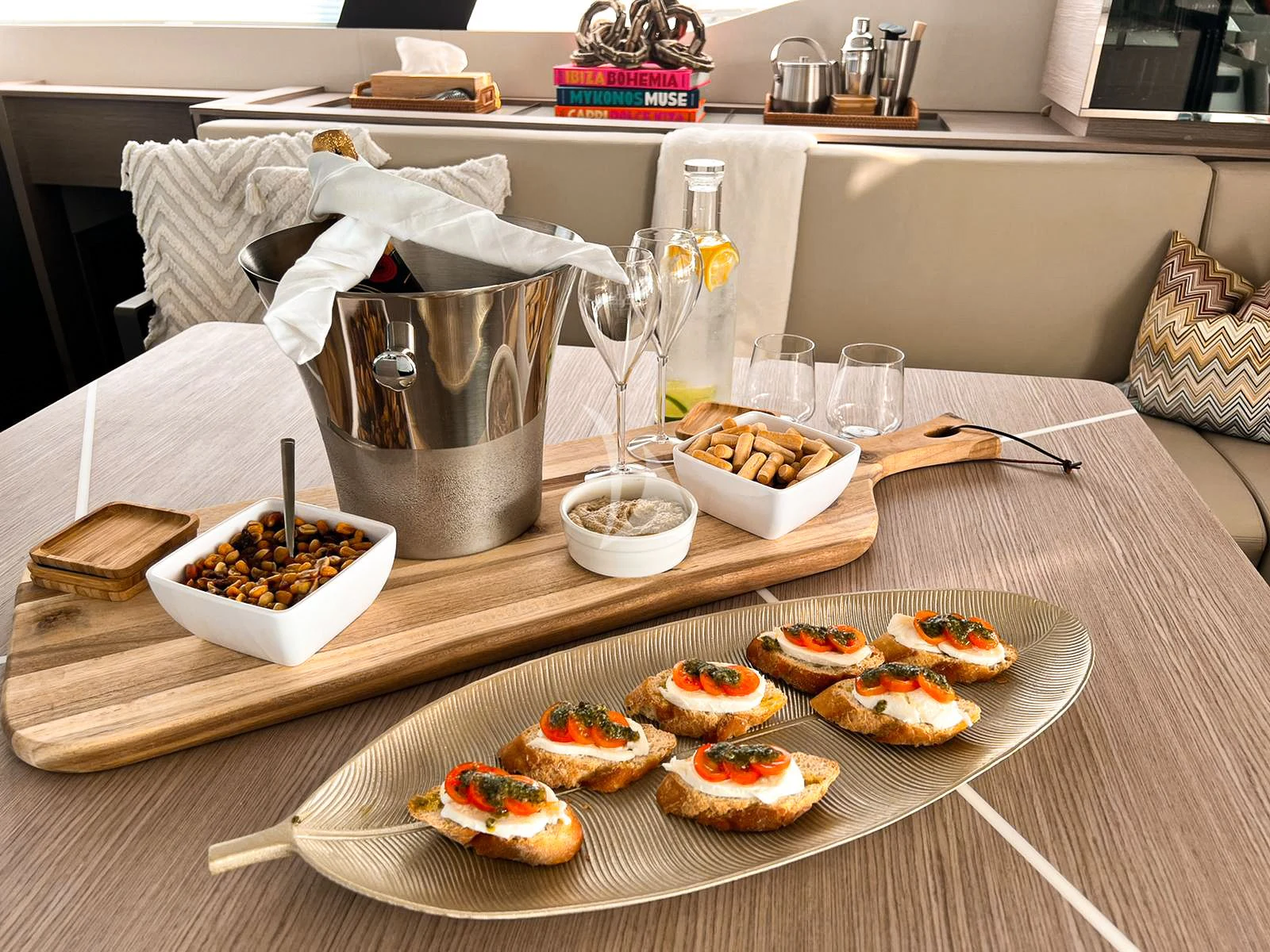 a table with food on it aboard OCEANUS Yacht for Sale