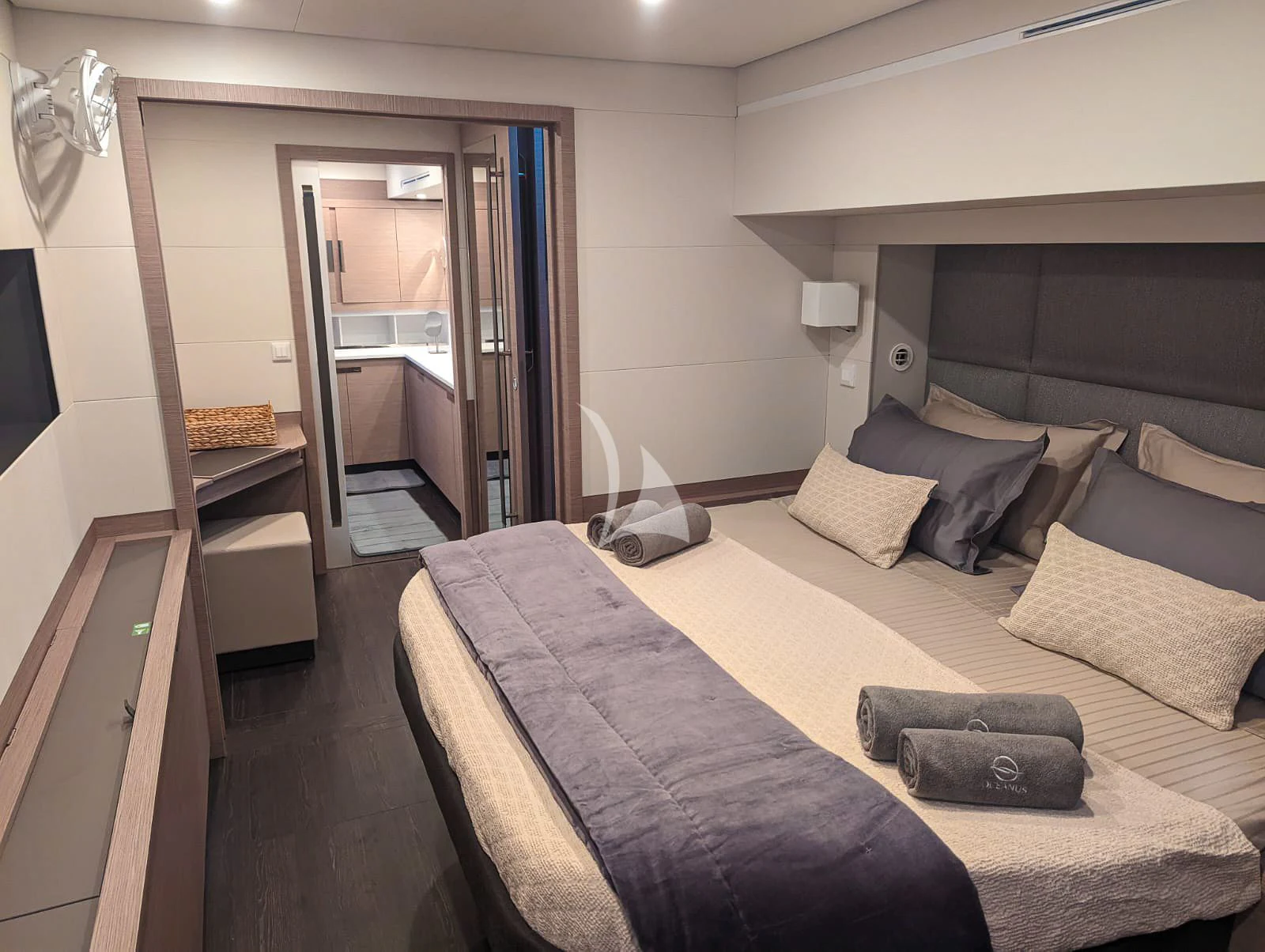 a bed in a room aboard OCEANUS Yacht for Sale