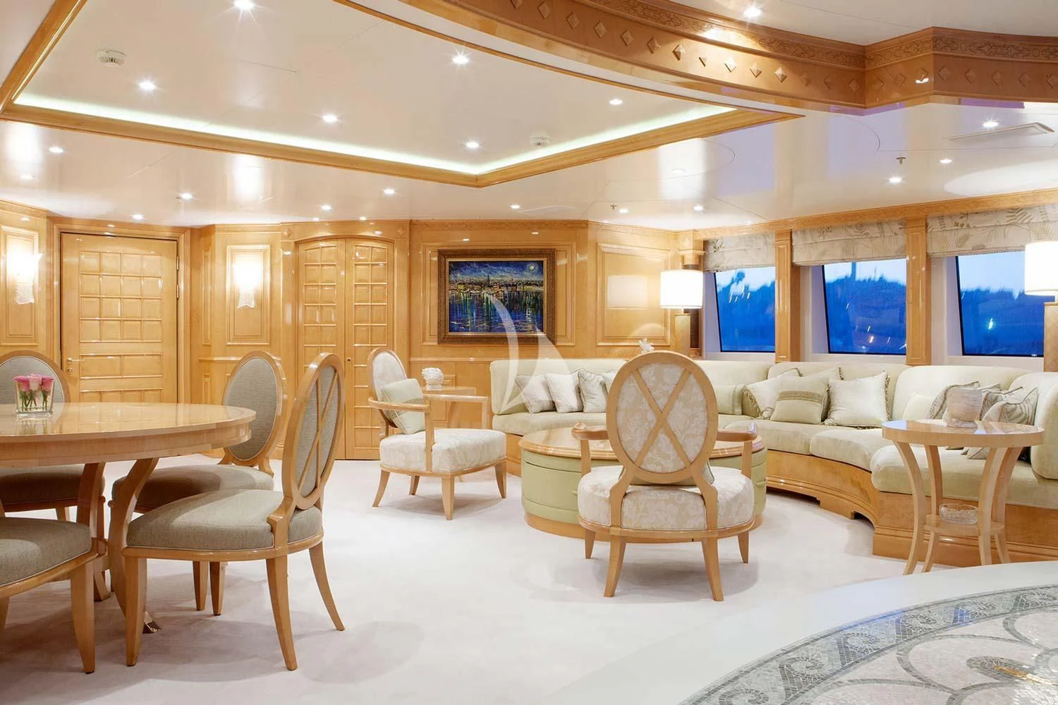 a large room with chairs and tables aboard ST DAVID Yacht for Sale