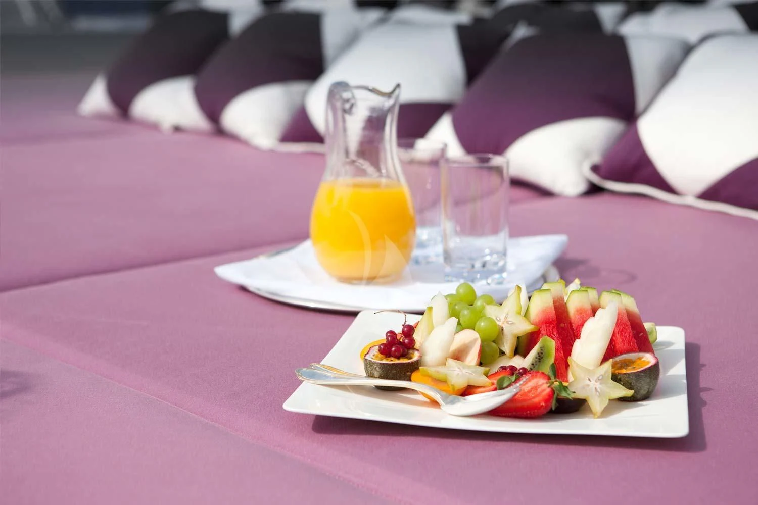 a table with food and drinks on it aboard ST DAVID Yacht for Sale