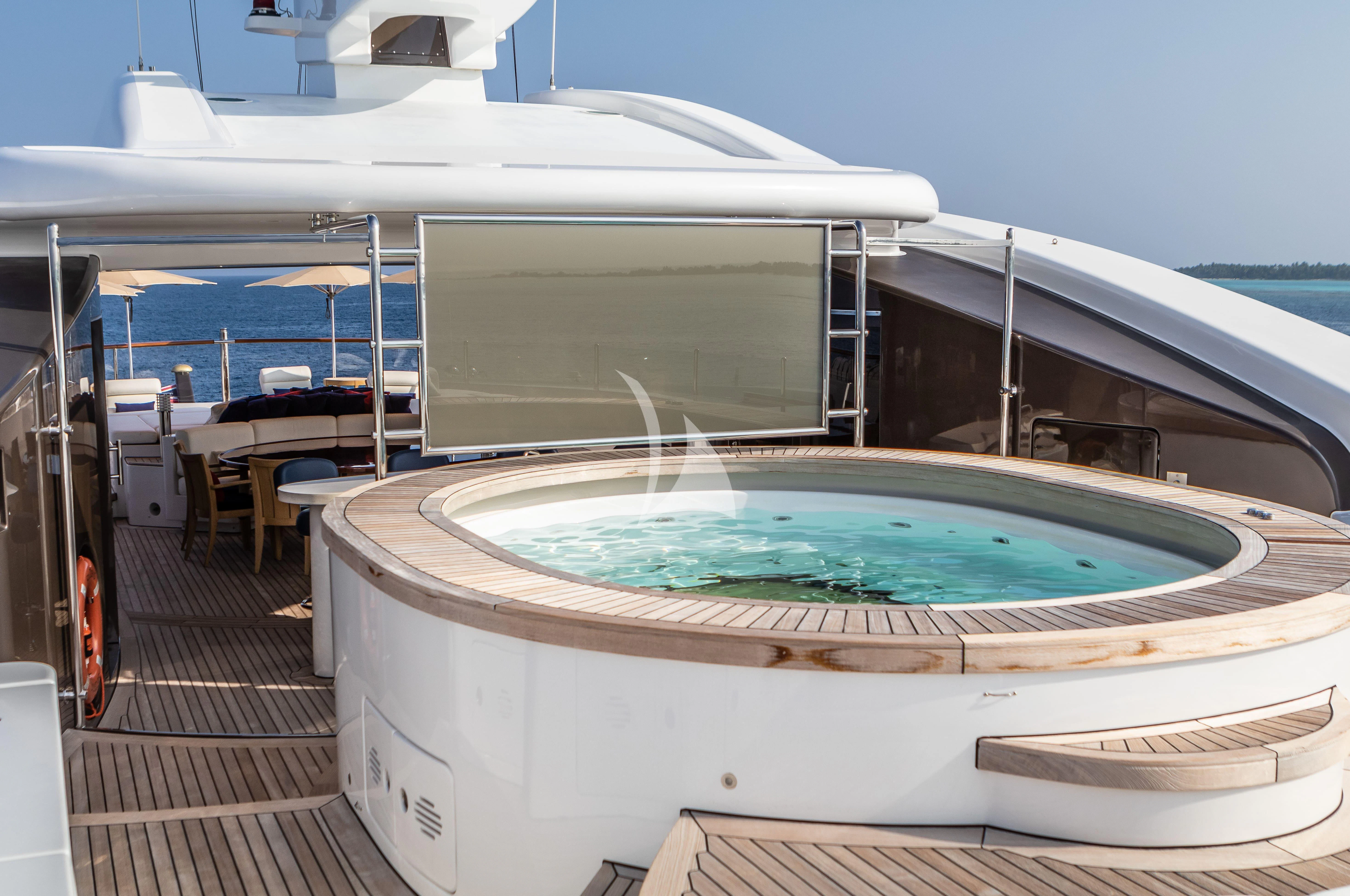 a large white boat on a deck aboard ST DAVID Yacht for Sale