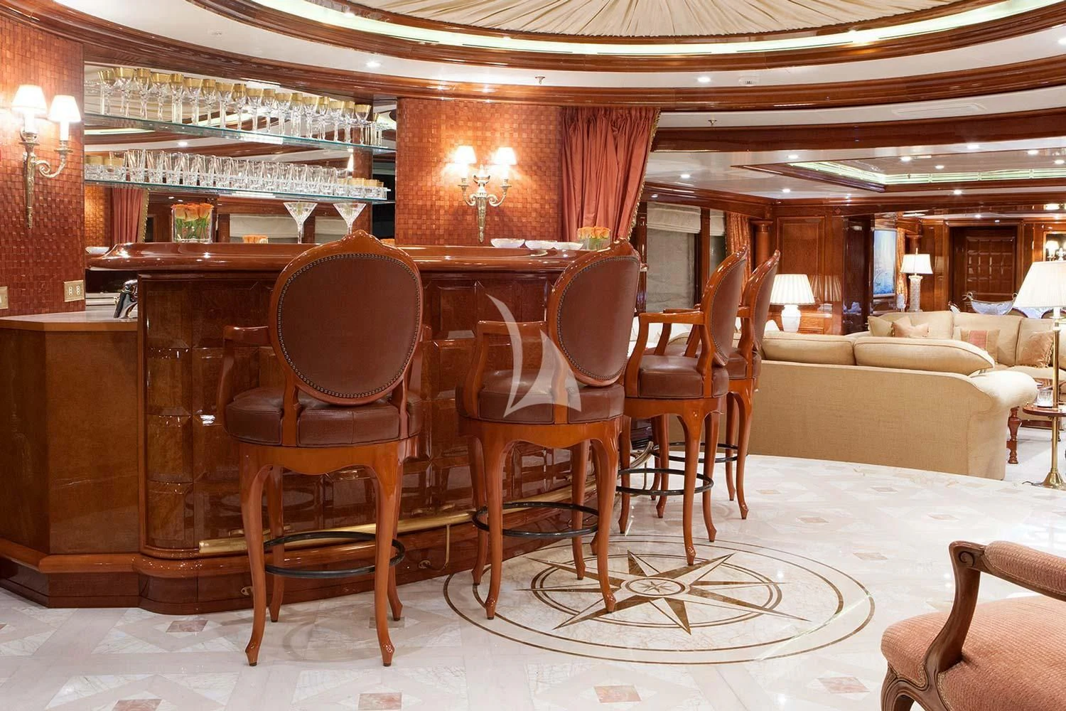 a large room with a piano and chairs aboard ST DAVID Yacht for Sale