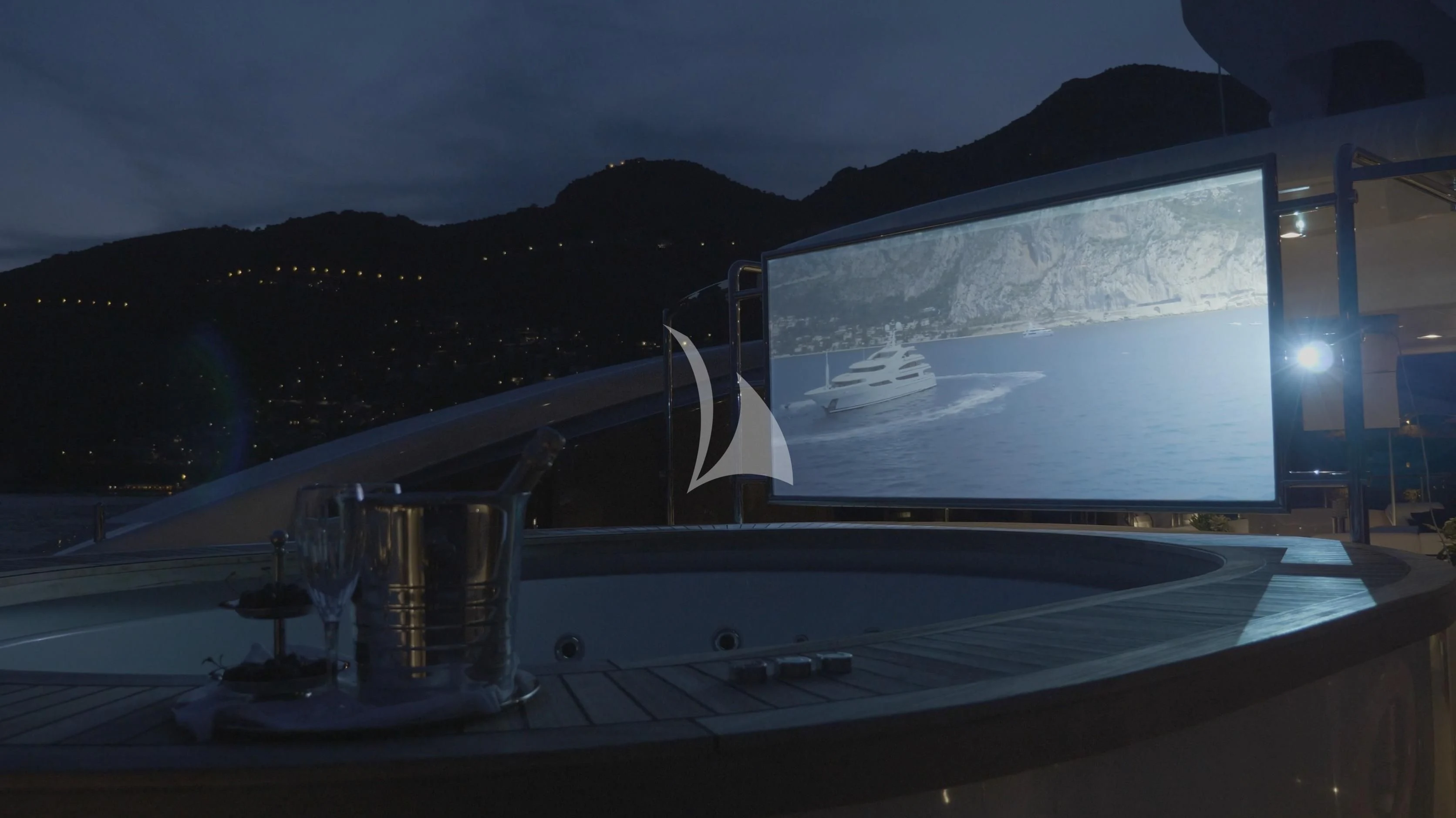 a large white and black stage with a large screen and a large white stage with a large white aboard ST DAVID Yacht for Sale