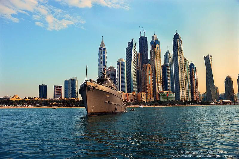 a large city skyline aboard MOJO Yacht for Sale