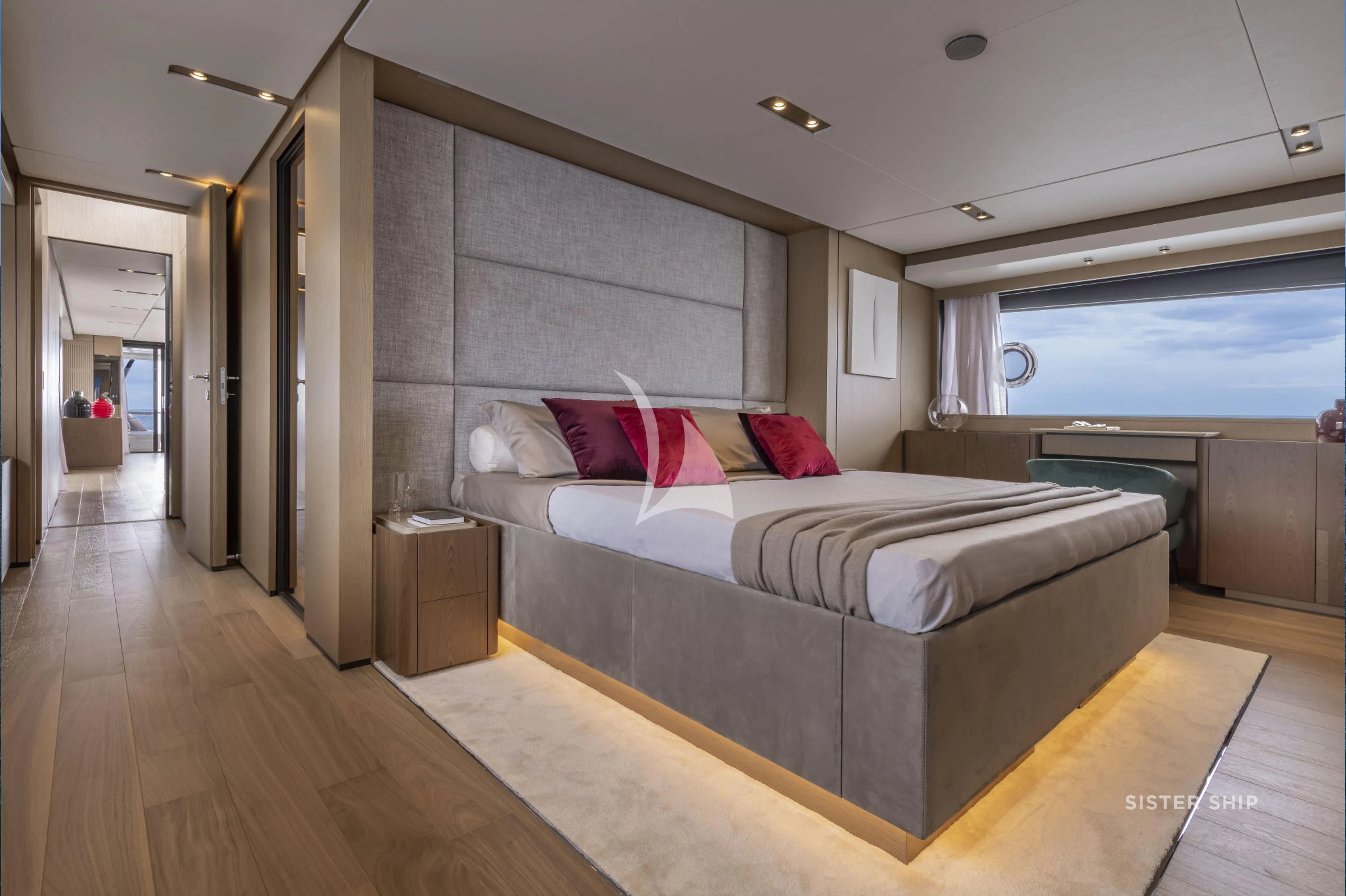 a bed in a room aboard DAMARI Yacht for Charter