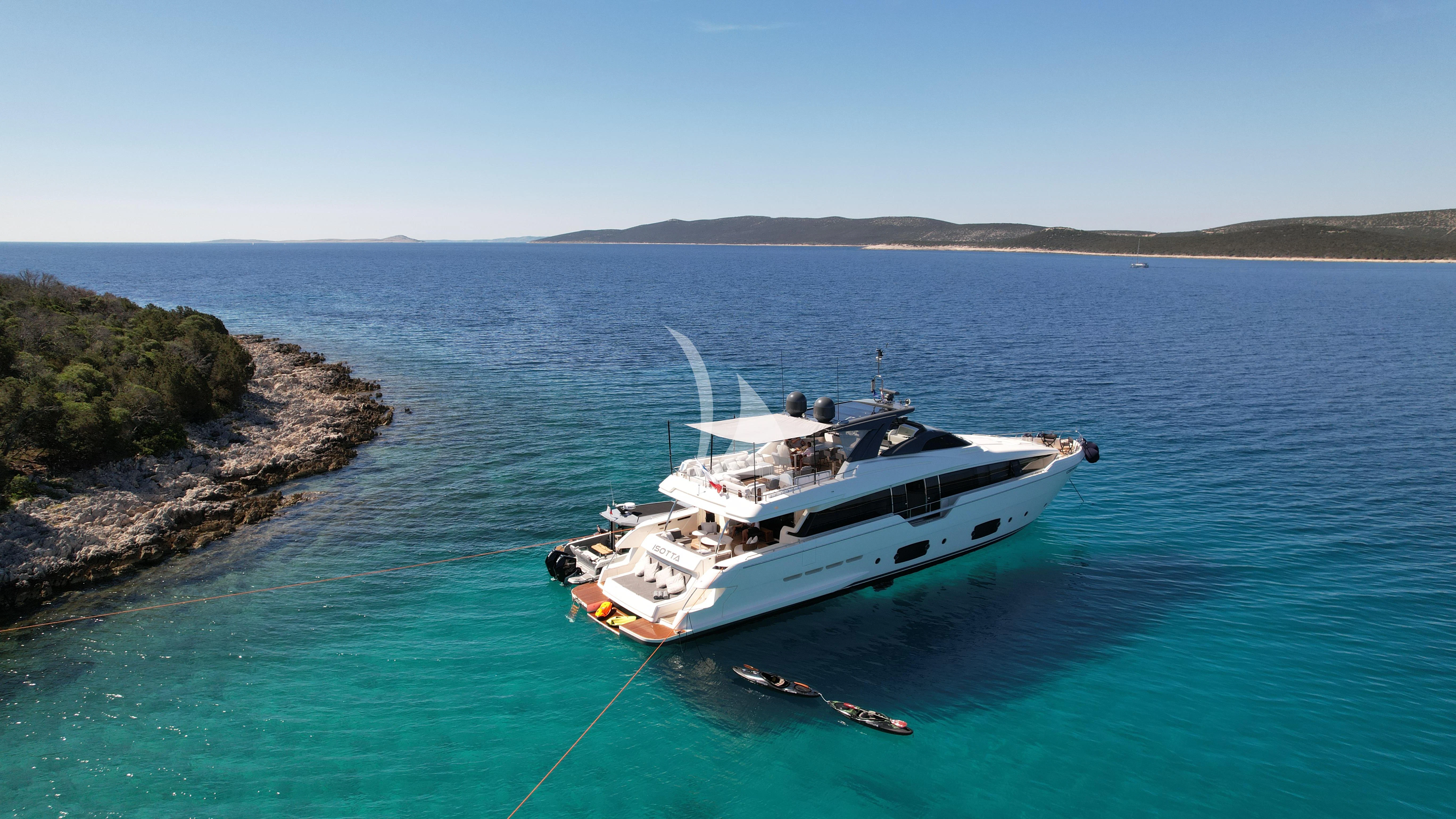 a helicopter flying over a body of water aboard DAMARI Yacht for Charter