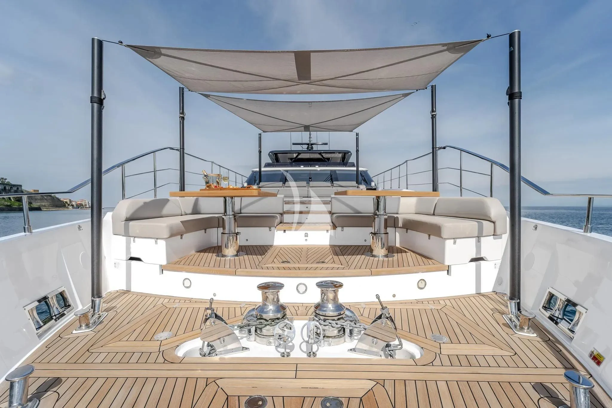 a room with a large white boat aboard DAMARI Yacht for Charter