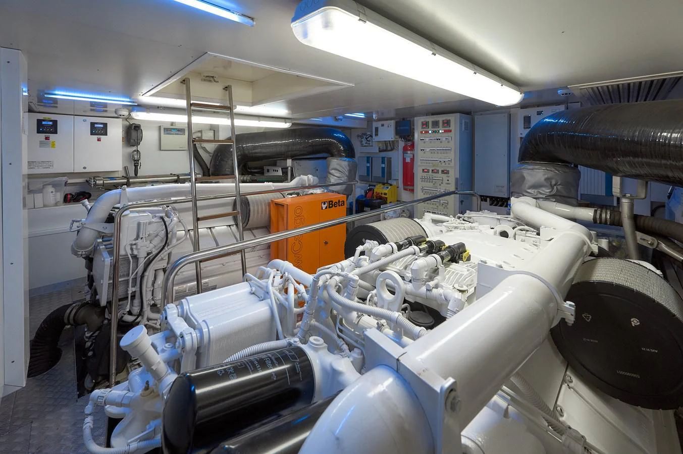 a room full of machinery aboard DAMARI Yacht for Charter