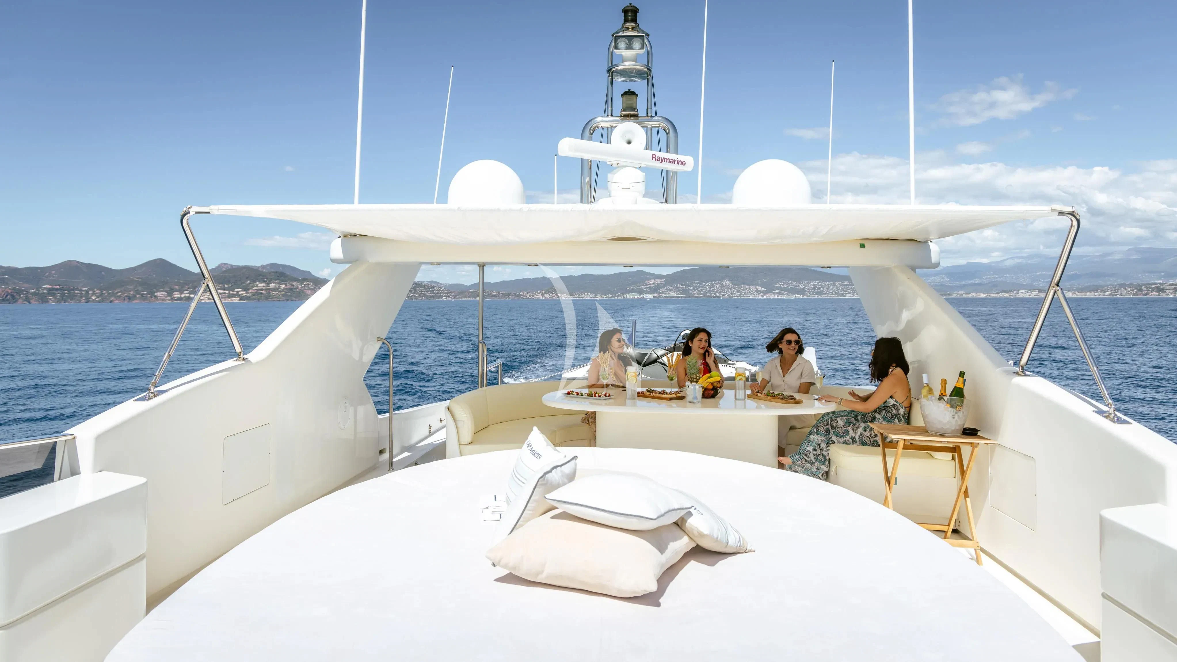 a group of people sitting on a boat aboard BEIJA FLORE Yacht for Charter