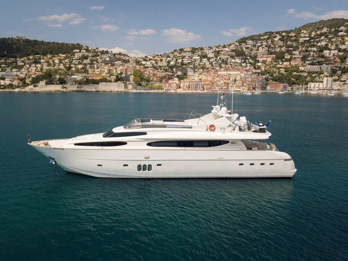 a white yacht in the water aboard BEIJA FLORE Yacht for Charter