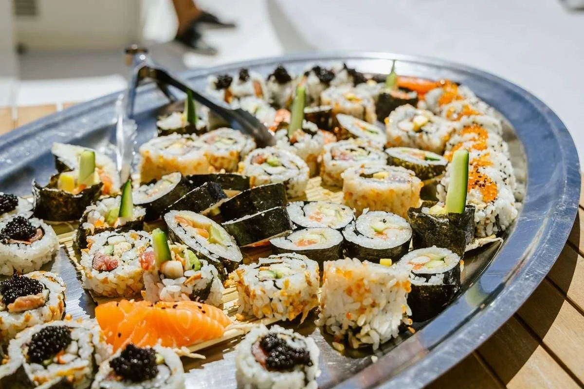 a tray of sushi aboard BEIJA FLORE Yacht for Charter