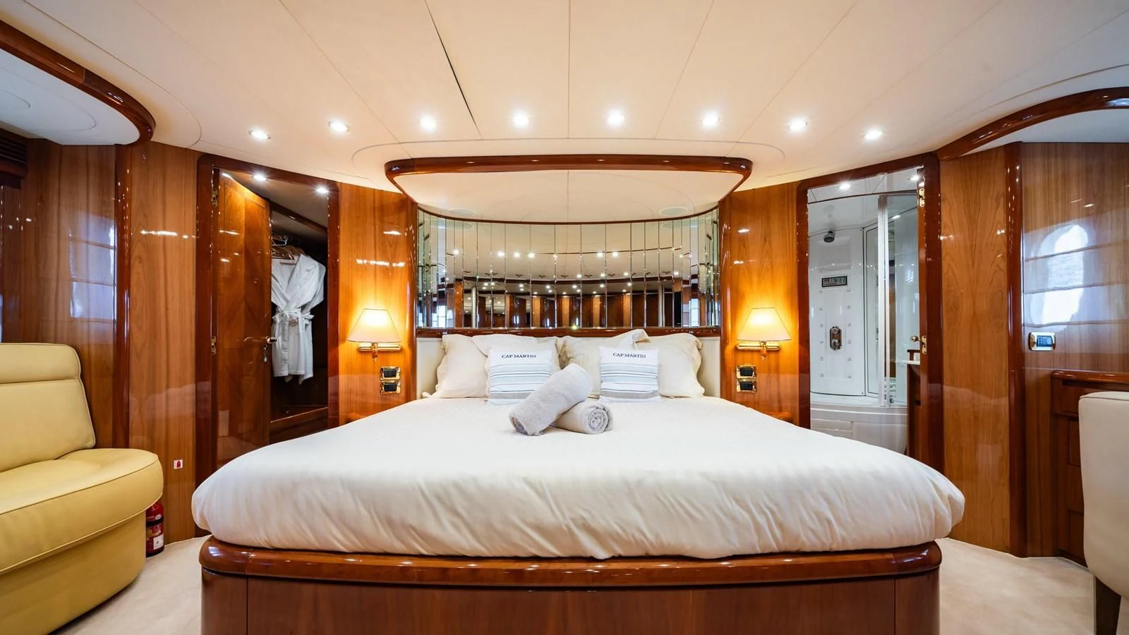 a bed in a room aboard BEIJA FLORE Yacht for Charter