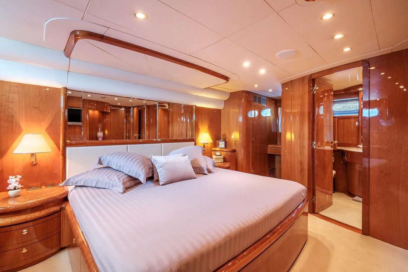a bed in a room aboard BEIJA FLORE Yacht for Charter