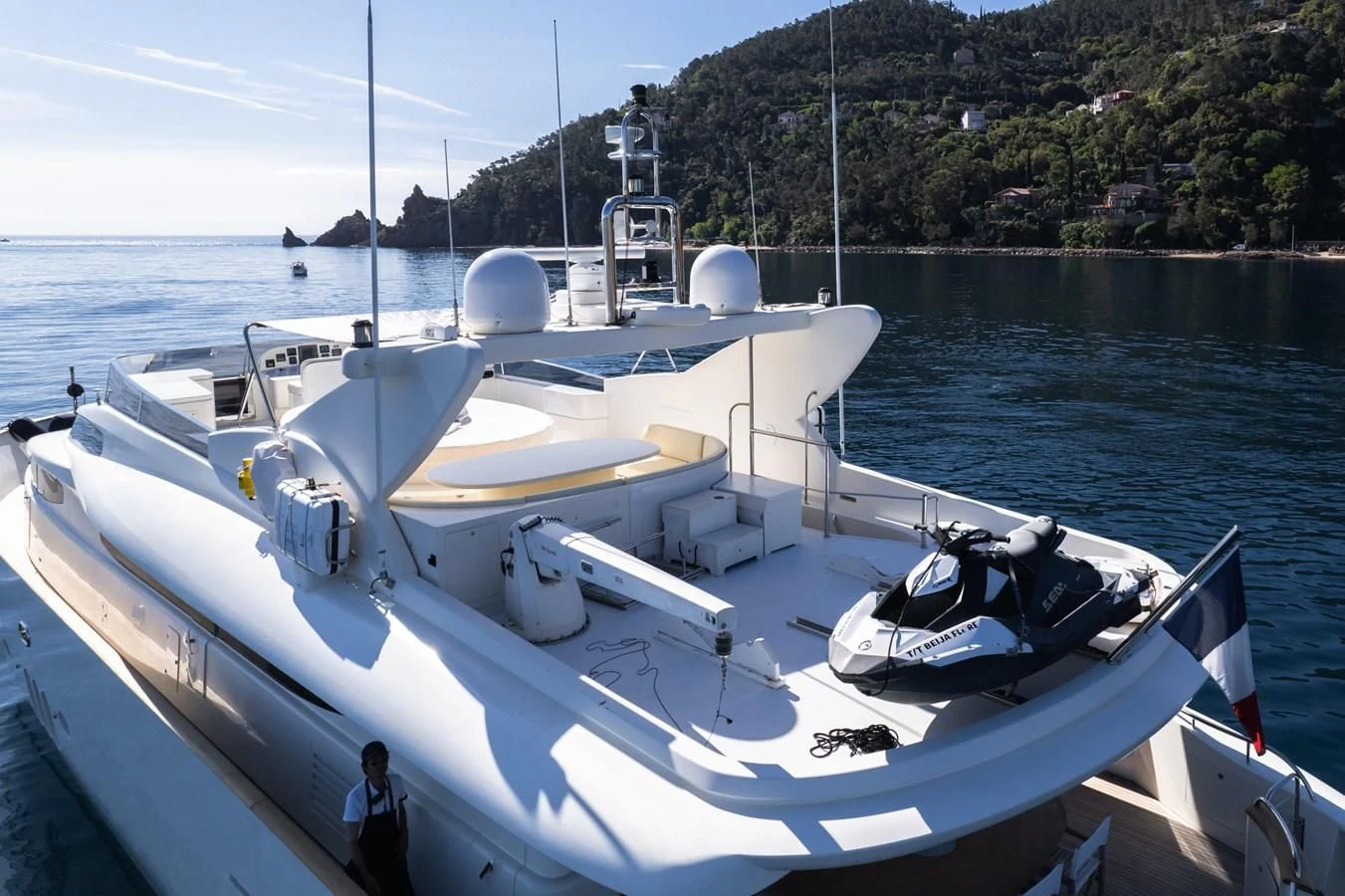 a boat with a motor on the front aboard BEIJA FLORE Yacht for Charter