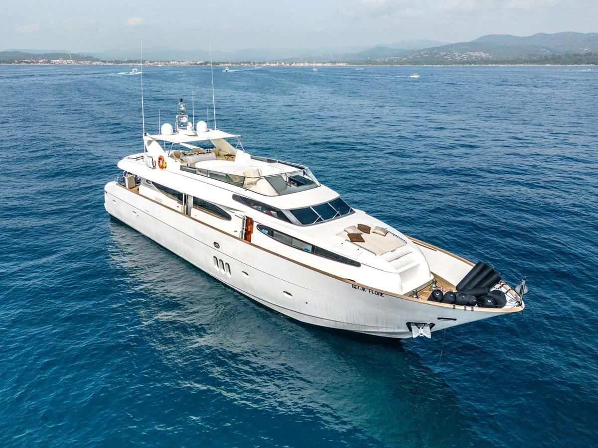 a white yacht in the water aboard BEIJA FLORE Yacht for Charter
